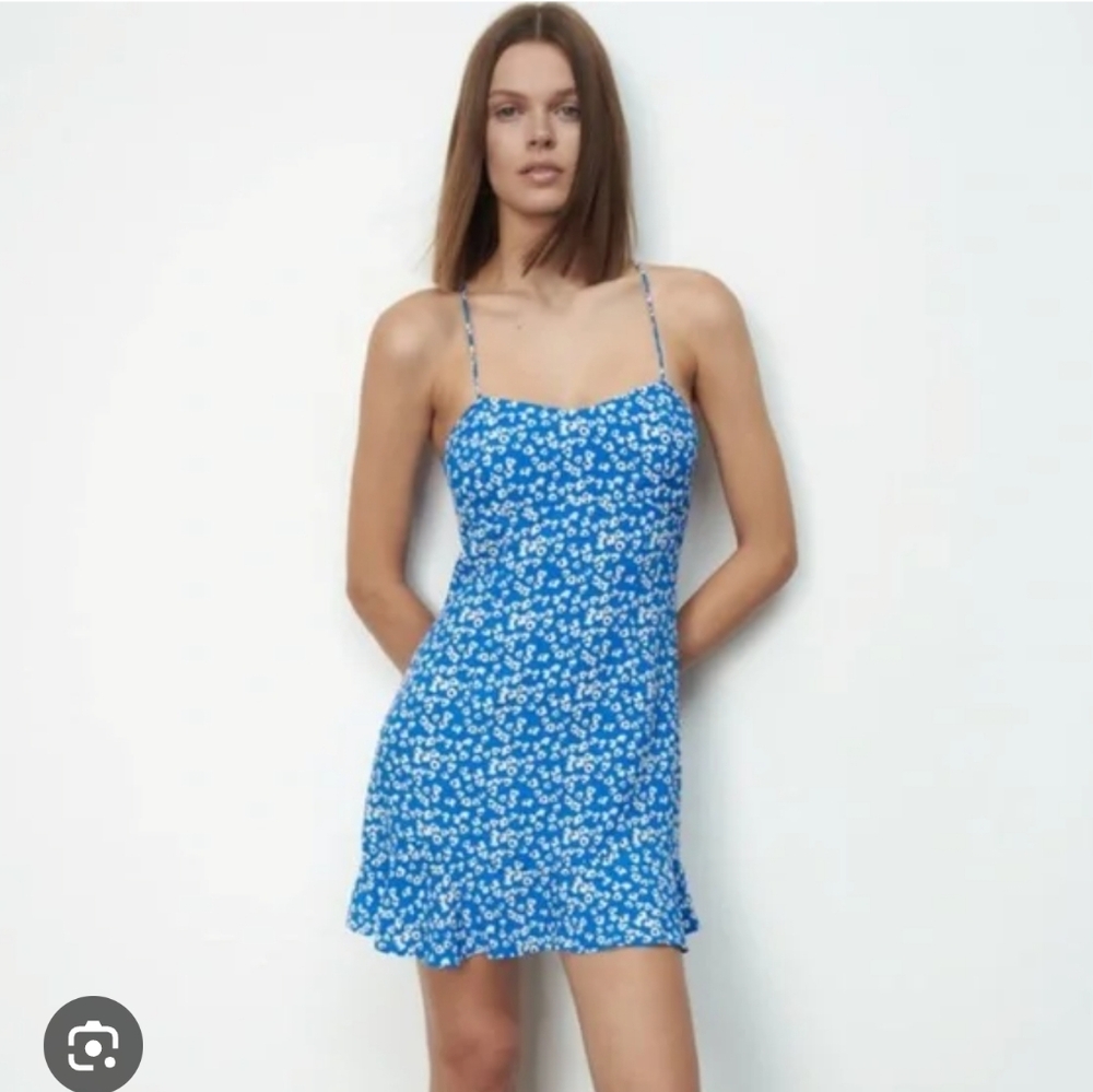 Zara Blue Mini Dress with White Floral Print